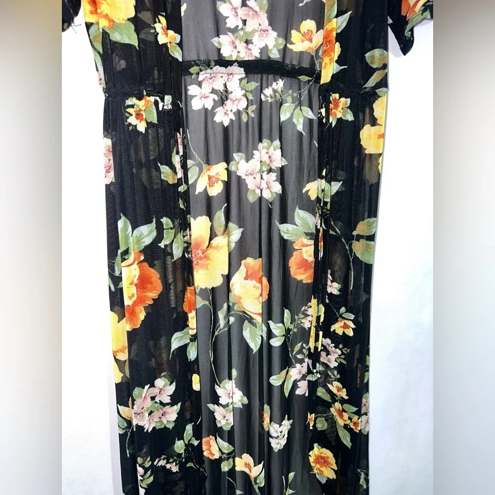 3rd + Malt black floral print sheer‎ duster cardigan cover-up with drawstring M